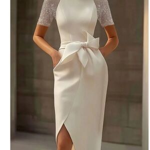 Chic Cream Midi Dress with Bow Accent